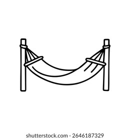A simple, hand drawn vector icon shows a hammock strung between two posts. The design is in black and white, and evokes feelings of peace and relaxation