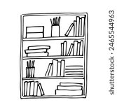 Simple hand drawn vector illustration with black outline. Shelves with books, pens, pencils, boxes. Furniture, interior items, classroom. Library, textbooks. Sketch in ink