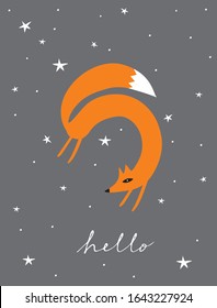 Simple Hand Drawn Vector Illustration with Cute Ginger Fox Isolated on a Dark Gray Starry Background. Funny Nursery Vector Art Ideal for Wall Art, Poster, Card, Girls and Boys Room Decoration.