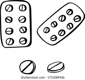 Ilustración vectorial simple dibujada a mano Blisters y píldoras redondas, dibujo en blanco y negro