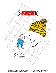 Einfache handgezeichnete Vektorgrafik. Charaktere in einem gelben Hut aufnehmen interessanten Podcast, arbeitet im Radio, sendet.