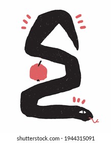 Simple Hand Drawn Vector Illustration with Black Snake and Red Apple isolated on a White Background. Symbol of Temptation and Paradise Lost. Creative Grunge Snake Print ideal for Wall Art, Poster.