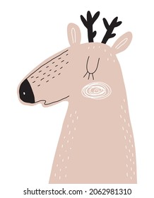 Ilustración de vectores dibujados a mano simple con impresión navideña de estilo infantil de ciervo lindo ideal para arte en pared, afiche, tarjeta. Reno gracioso marrón aislado en un fondo blanco. Partido Woodland.