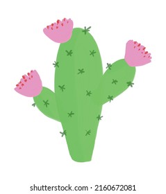 Simple Hand Drawn Vector Illustration with Green Blooming Cactus on a White Background. Infantile Style Funny Cactus with Pink Flowers Ideal for Card, Greetings, Wall Art, Poster.