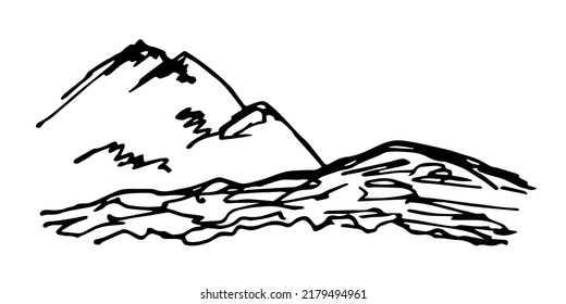 Simple hand drawn vector illustration with black outline. Mountain peak, layers of earth. Landscape and nature. Sketch in ink.