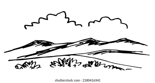 Simple hand drawn vector illustration with black outline. Mountains on the horizon, clouds in the sky, grass and bushes. Landscape and nature. Ink sketch.