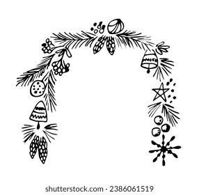 Simple hand drawn vector illustration with black outline. Christmas decoration, arch, border. Coniferous branches and cones, rowan berries, bells. Sketch in ink.