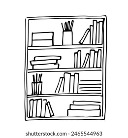 Simple hand drawn vector illustration with black outline. Shelves with books, pens, pencils, boxes. Furniture, interior items, classroom. Library, textbooks. Sketch in ink