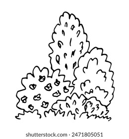 Simple hand drawn vector illustration with black outline. Deciduous bushes, flowering shrubs, trees and vegetation. Landscape design, nature.