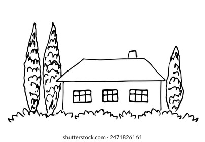 Simple hand drawn vector illustration with black outline. Country house in the forest, cypress trees, farm rural landscape. Camping. Sketch in ink.