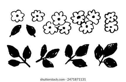 Simple hand drawn vector illustration with black outline. Set of floral elements, small flowers and leaves, twigs. Nature and plants.