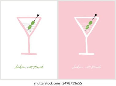 Simple Hand Drawn Vector Illustration with 2 Cocktails with Green Olives. Shaken, Not Stirred. Funny Prints with Martini Drinks on a White and Pastel Pink Background. Infantile Style Party Design.