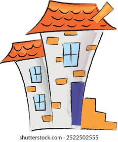 Simples mão desenhado vetor ilustração de uma casa com telhado colorido feito de elementos peculiares de decoração de halloween assustador, clipart perfeito para festa de halloween, personagem de desenho animado assustador