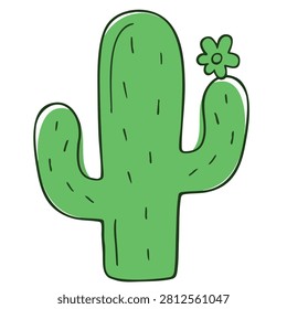 A simple hand drawn vector illustration of a green saguaro cactus featuring a small flower on its arm against a white background