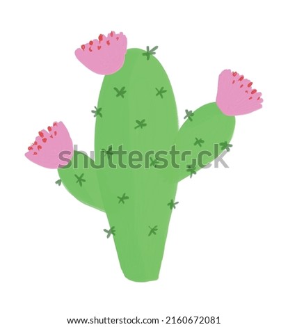 Simple Hand Drawn Vector Illustration with Green Blooming Cactus on a White Background. Infantile Style Funny Cactus with Pink Flowers Ideal for Card, Greetings, Wall Art, Poster.