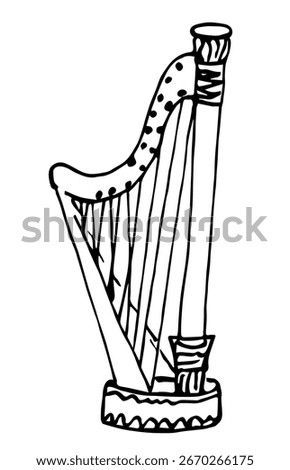 Simple Hand drawn vector illustration. Musical instrument, harp, symphony orchestra. Classical music. Ink sketch.