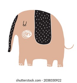 Simple Hand Drawn Vector Illustrations with Cute Big Dreamy Elephant. Infantile Style Nursery Vector Print ideal for Wall Art, Poster, Card. Funny Brown Elephant Isolated on a White Background.