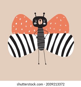Simple Hand Drawn Vector Illustrations with Cute Big Butterfly. Infantile Style Nursery Vector Print ideal for Wall Art, Poster, Card. Funny Butterfly Isolated on a Light Brown Background.
