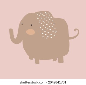 Simple Hand Drawn Vector Illustrations with Cute Big Dreamy Elephant. Infantile Style Nursery Vector Print ideal for Wall Art, Poster, Card. Funny Brown Elephant Isolated on a Dusty Pink Background.