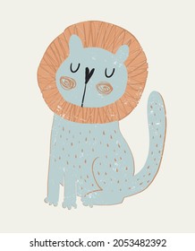 Simple Hand Drawn Vector Illustrations with Cute Dreamy Lion. Infantile Style Nursery Vector Print ideal for Wall Art, Poster, Card. Funny Blue Lion Isolated on a Light Beige Background.