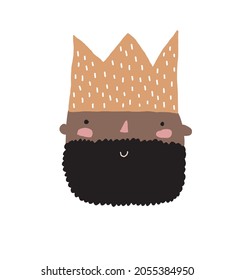 Simple Hand Drawn Vector Illustrations with Cute Dark Skin King. Infantile Style Nursery Vector Print ideal for Wall Art, Poster, Card. Funny King in a Big Crow Isolated on a White Background.