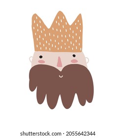 Simple Hand Drawn Vector Illustrations with Cute Light Skin King. Infantile Style Nursery Vector Print ideal for Wall Art, Poster, Card. Funny King in a Big Crow Isolated on a White Background.