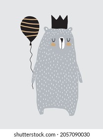 Simple Hand Drawn Vector Illustrations with Cute Bear Wearing Black Crown. Infantile Style Nursery Vector Print for Wall Art, Poster, Card. Funny King Bear with Black Balloon on a Gray Background.