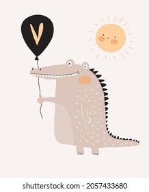 Simple Hand Drawn Vector Illustrations with Cute Light Brown Alligator. Infantile Style Nursery Vector Print for Wall Art, Poster, Card. Funny Crocodile with Black Balloon on a Beige Background.