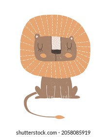 Simple Hand Drawn Vector Illustrations with Cute Dreamy Lion. Infantile Style Nursery Vector Print ideal for Wall Art, Poster, Card, Safari Party. Funny Sitting Lion Isolated on a White Background.