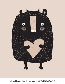 Simple Hand Drawn Vector Illustrations with Cute Monster Holding Big Heart. Infantile Style Halloween Vector Print for Wall Art, Poster, Card. Funny Black Devil with Heart on a Beige Background.