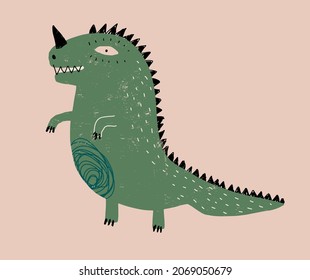 Simple Hand Drawn Vector Illustrations with Cute Green Dinosaur. Funny Infantile Style Nursery Vector Print for Wall Art, Poster, Card.Scary Big Dragon on a Blush Beige Background.Halloween Party Art.