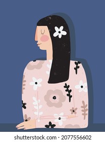 Simple Hand Drawn Vector Illustrations with Cute Light Skin Woman with Long Black Hair and Pink Floral Shirt. Infantile Style Vector Print ideal for Wall Art, Poster, Card. Young Girl Portrait.