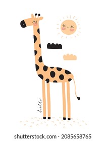 Simple Hand Drawn Vector Illustrations with Cute Dreamy Giraffe. Infantile Style Nursery Vector Print ideal for Wall Art, Poster, Card, Safari Party. Funny Giraffe and Happy Sun on a White Background.