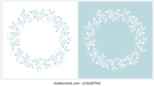 Simple Hand Drawn Vector Illustrations with Wreath made of Butterfies. Elegant Vector Print ideal for Wall Art,Poster,Card. Delicate Butterflies Isolated on a White and Light Blue Background. No Text.