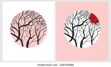 Simple Hand Drawn Vector Illustrations with Black Winter Trees in a Round Shape Frame on a White and Light Pink Background.Red Sunset in a Autumn Forest.Leafless Trees Modern Print ideal for Wall Art.