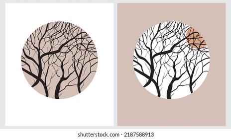 Simple Hand Drawn Vector Illustrations with Black Winter Trees in a Round Shape Frame on a White and Light Brown Background. Sunset in a Autumn Forest. Leafless Trees Modern Print ideal for Wall Art.