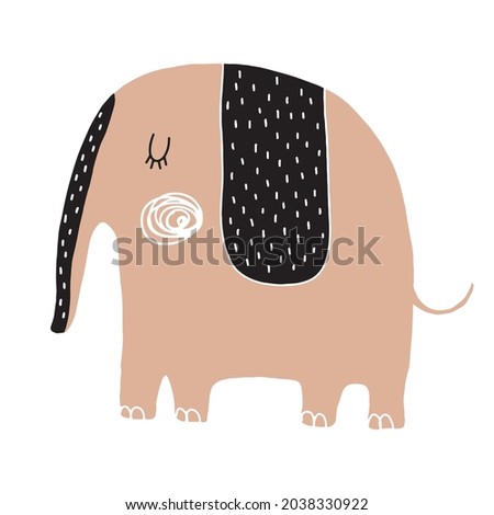Simple Hand Drawn Vector Illustrations with Cute Big Dreamy Elephant. Infantile Style Nursery Vector Print ideal for Wall Art, Poster, Card. Funny Brown Elephant Isolated on a White Background.