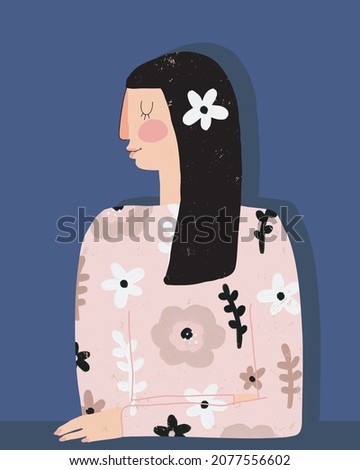 Simple Hand Drawn Vector Illustrations with Cute Light Skin Woman with Long Black Hair and Pink Floral Shirt. Infantile Style Vector Print ideal for Wall Art, Poster, Card. Young Girl Portrait.