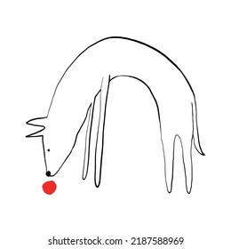 Simple Hand Drawn Vector Illustrtion with a Skinny Big Dog Smelling a Red Ball Lying on the Ground. Funny Print for Dog Lovers. Print with Sketched Black-White Dog with Red Nose ideal for Wall Art. 