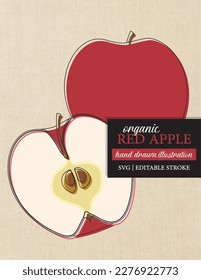 Simple hand drawn vector image of an apple with editable strokes.  Great for logos, social media, icons, cards, posters, labels, packaging, print graphics and more.