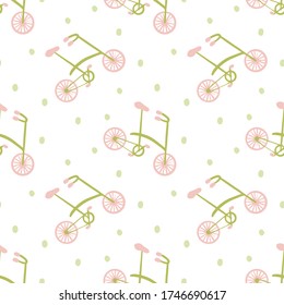 Simple hand drawn vector pattern. Pink and green bicycles isolated on white background. Green dots. Cute transport illustration. Road trip. Perfect for wallpaper or fabric.