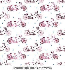 Simple hand drawn vector pattern. Pink and purple tandem bicycles isolated on white background.Blue hearts. Cute transport illustration. Road trip. Perfect for wallpaper or fabric.