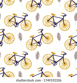 Simple hand drawn vector pattern. Yellow and purple road bicycles isolated on white background. Beige balloons. Cute transport illustration. Road trip. Perfect for wallpaper or fabric.