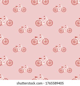 Simple hand drawn vector pattern. Red and white city bicycles isolated on pink background. Cute transport illustration. Road trip. Perfect for wallpaper or fabric.