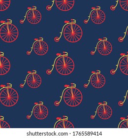 Simple hand drawn vector pattern. Red and green retro bicycles isolated on blue background. Cute transport illustration. Road trip. Perfect for wallpaper or fabric.