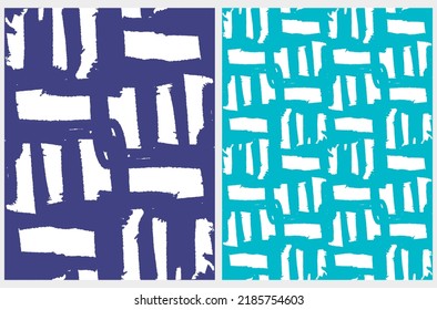 Simple Hand Drawn Vector Patterns. Dark Blue and Turquoise Brush Stripes on a White Background. Modern Irregular Geometric Seamless Pattern. Cool Repeatable Abstract Doodle Print.