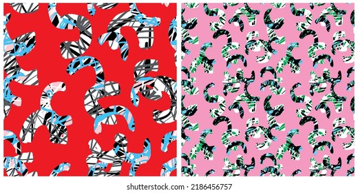 Simple Hand Drawn Vector Patterns. Colorful Brush Lines and Arcs on a Pink and Red Background. Modern Irregular Geometric Seamless Pattern. Cool Repeatable Messy Multicolor Abstract Doodle Print.