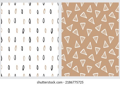 Simple Hand Drawn Vector Patterns. Black and Gold Brush Triangles and Spots on a White and Light Brown Background. Modern Irregular Geometric Seamless Pattern. Cool Repeatable Abstract Doodle Print.