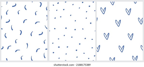 Simple Hand Drawn Vector Patterns. Freehand Dark Blue Brush Dots, Lines and Hearts of Irregular Shape Isolated on a White Background. Modern Geometric Seamless Pattern. Cool Abstract Doodle Print.