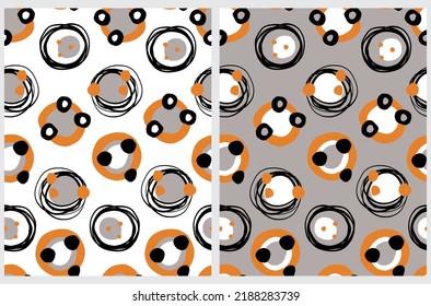 Simple Hand Drawn Vector Patterns. Freehand Brush Dots and Circles on a White and Gray Background. Modern Irregular Geometric Seamless Pattern. Cool Abstract Doodle Print in Black, White and Orange.